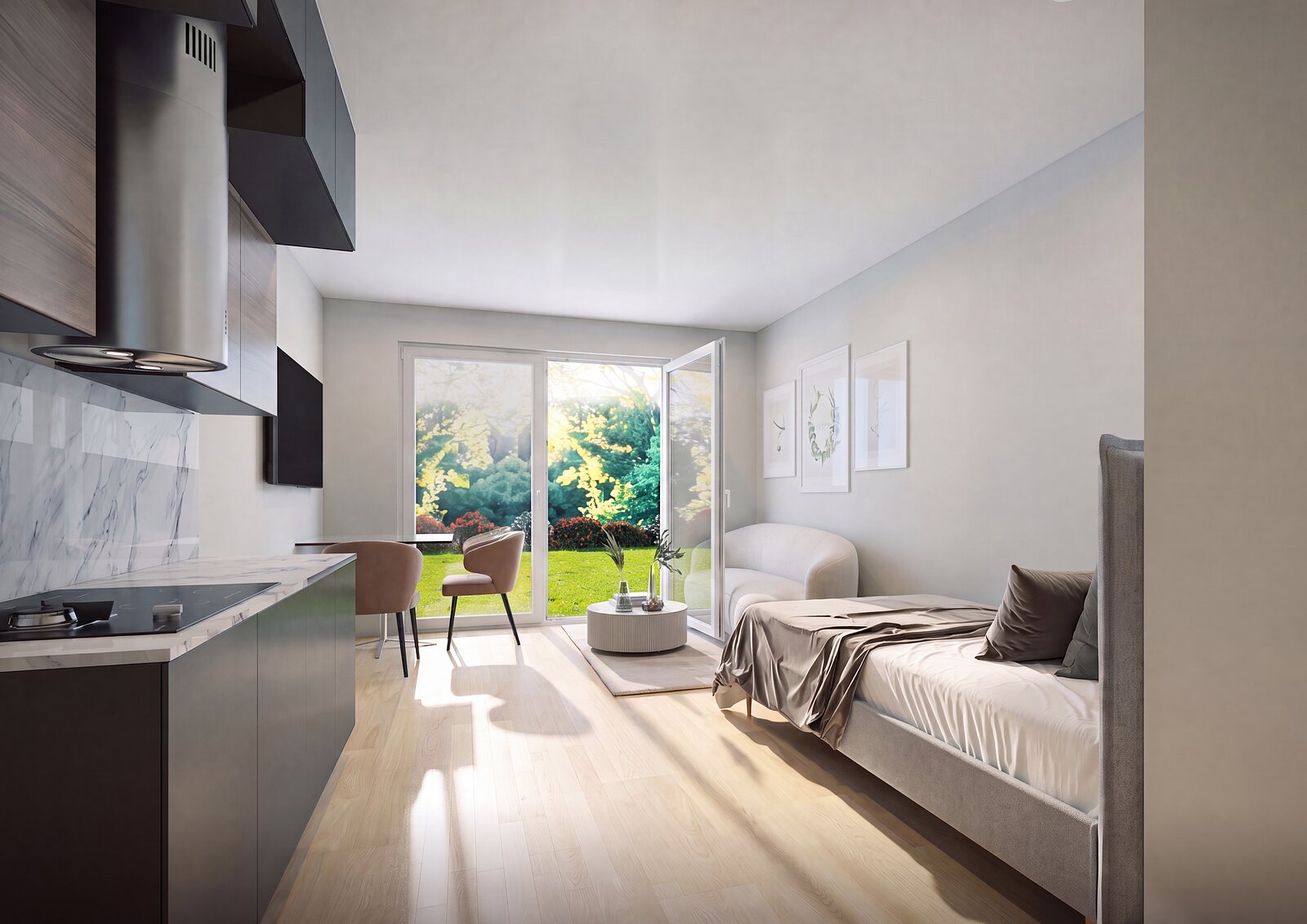 Visualisierung eines möblierten Ein-Zimmer-Apartments im Neubau
