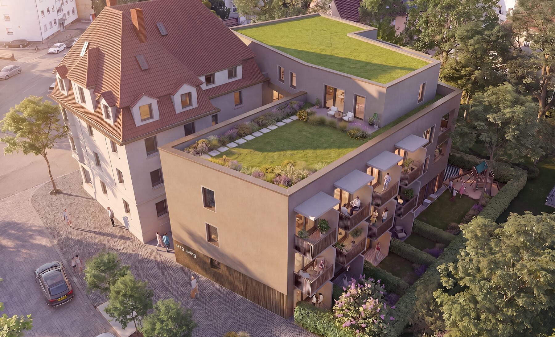 Luftbild-Visualisierung: Bestandsgebäude und Neubau mit begrüntem Innenhof
