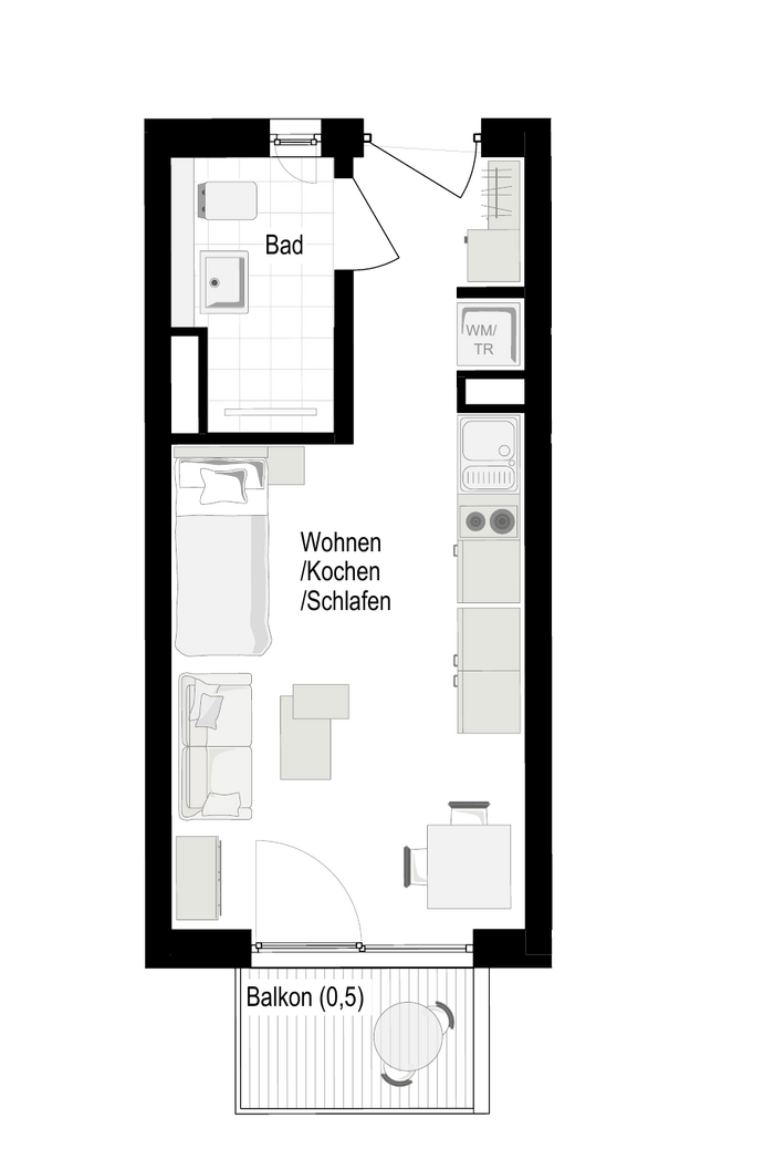 Beispielgrundriss Ein-Zimmer-Apartment, 24,95 m²