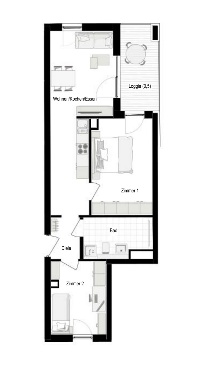 Beispielgrundriss Drei-Zimmer-Wohnung im Neubau, 61,40 m²