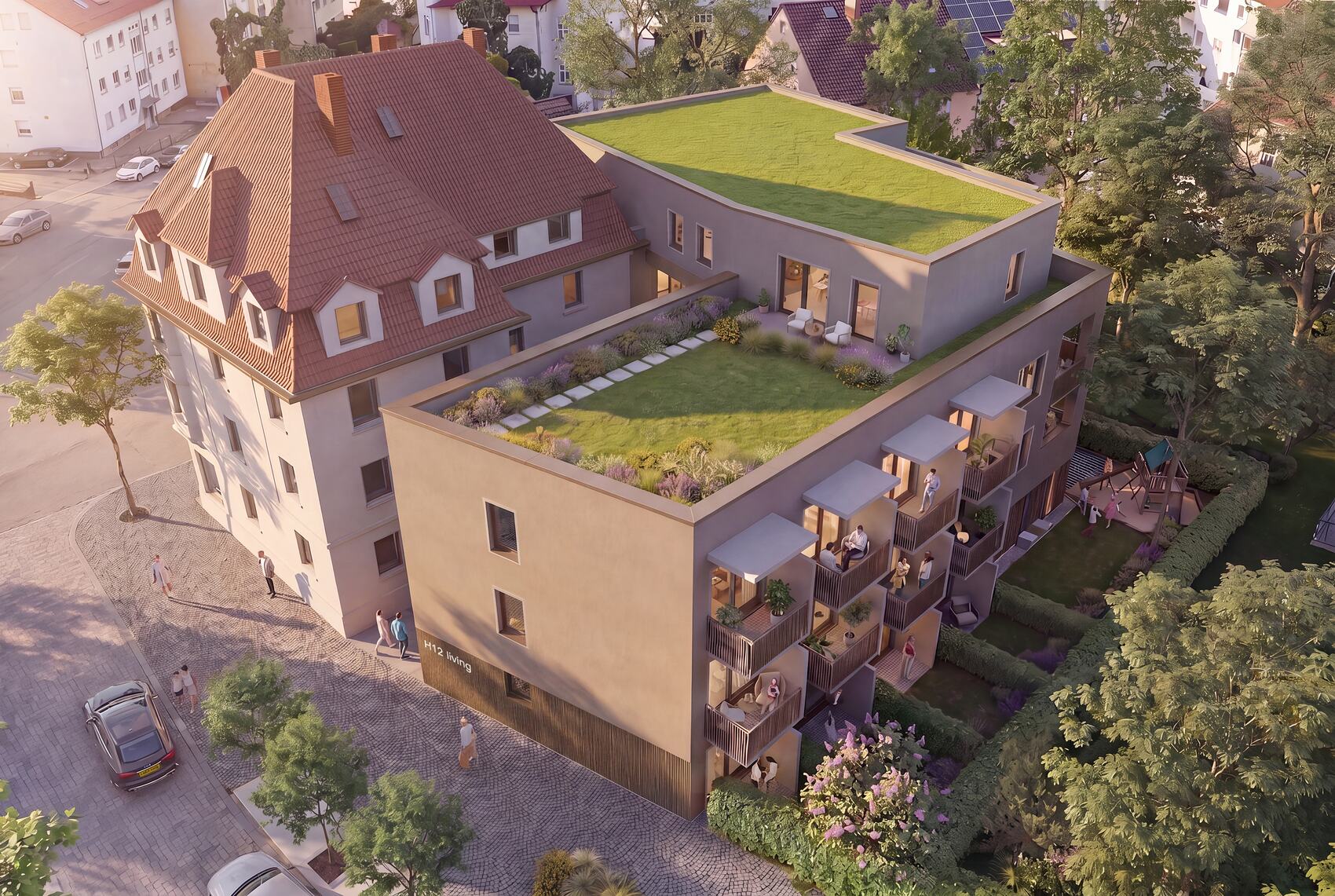 H12 Living – Visualisierung des Ensembles aus Neubau und kernsaniertem Bestand in Augsburg-Oberhausen