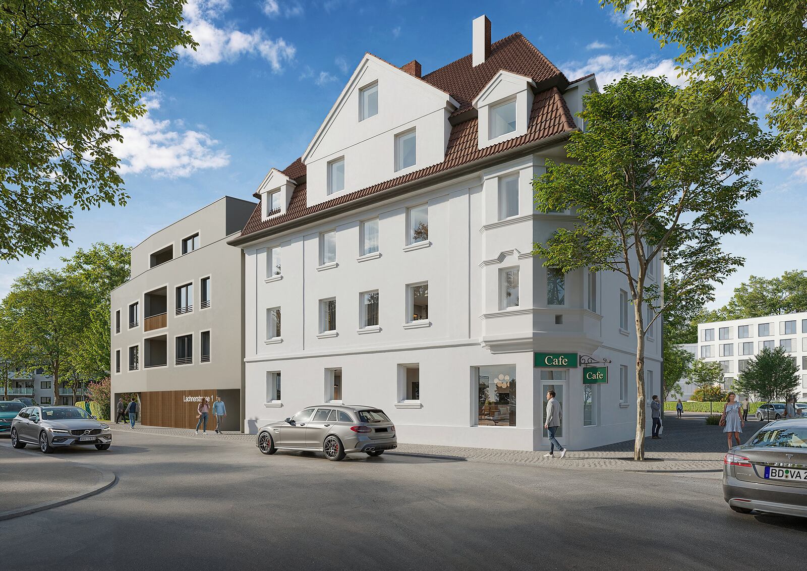Visualisierung der Straßenansicht: kernsanierte Bestandsfassade mit Café im Erdgeschoss, dahinter der Neubau